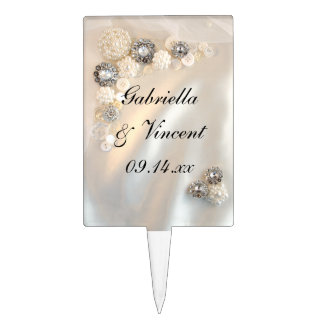 Faux White Pearl and Diamond Buttons Wedding Cake Topper