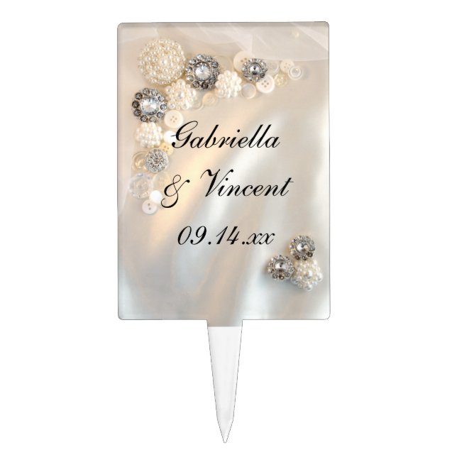 Faux White Pearl and Diamond Buttons Wedding Cake Topper (Front)