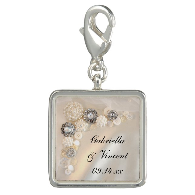 Faux White Pearl and Diamond Buttons Wedding Charm (Front)
