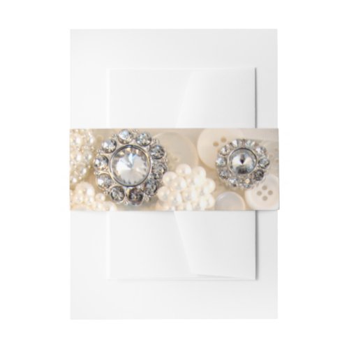 Faux White Pearl and Diamond Buttons Wedding Invitation Belly Band