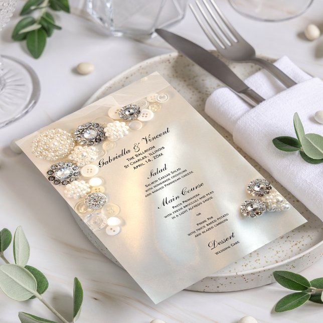 Faux White Pearl and Diamond Buttons Wedding Menu (Creator Uploaded)