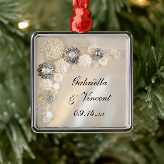 Faux White Pearl and Diamond Buttons Wedding Metal Ornament