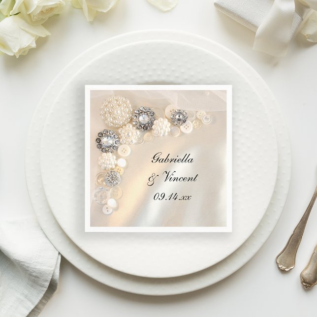 Faux White Pearl and Diamond Buttons Wedding Napkins (Creator Uploaded)