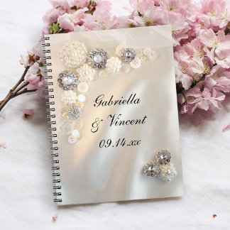 Faux White Pearl and Diamond Buttons Wedding Notebook