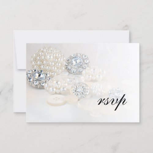 Faux White Pearl and Diamond Buttons Wedding RSVP Card