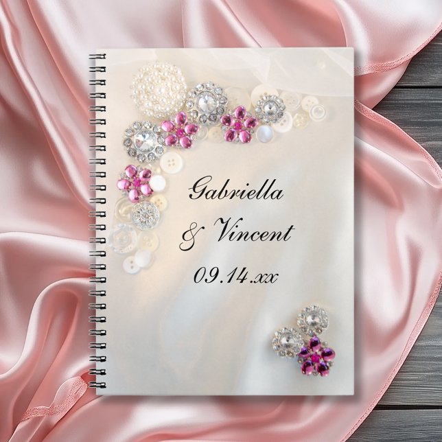 Faux White Pearl and Pink Diamond Buttons Wedding Notebook (Creator Uploaded)
