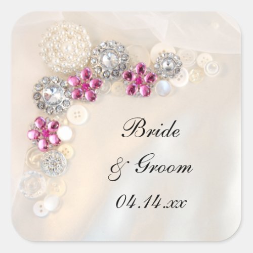 Faux White Pearl and Pink Diamond Buttons Wedding Square Sticker