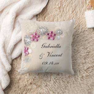 Faux White Pearl and Pink Diamond Buttons Wedding Throw Pillow