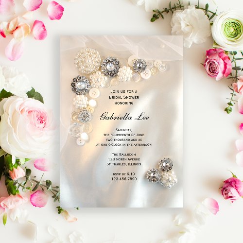 Faux White Pearl Diamond Buttons Bridal Shower Invitation