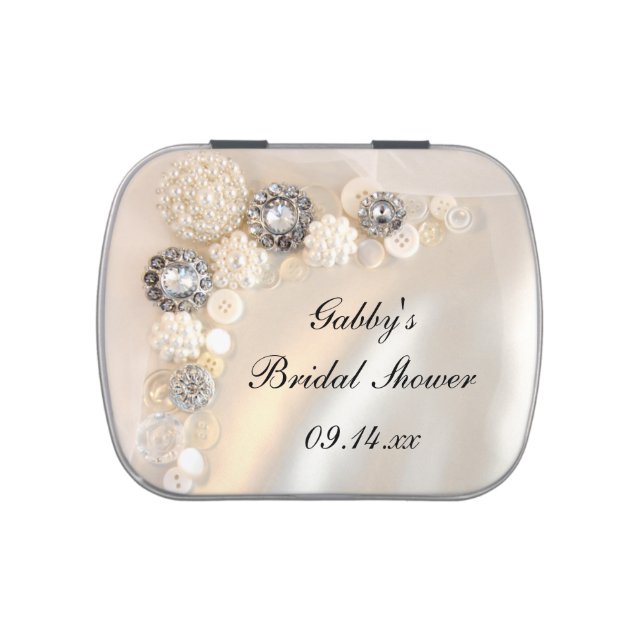 Faux White Pearl Diamond Buttons Bridal Shower Jelly Belly Candy Tin (Top)