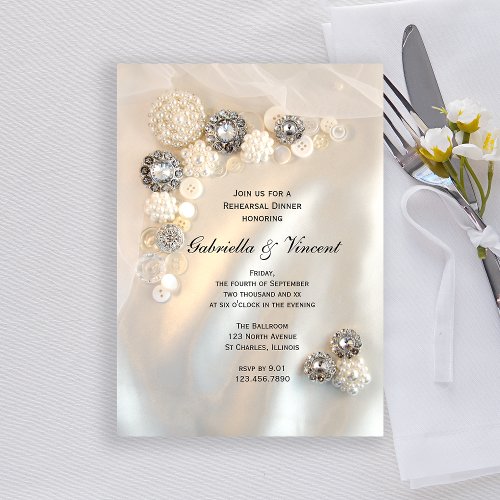 Faux White Pearl Diamond Buttons Rehearsal Dinner Invitation