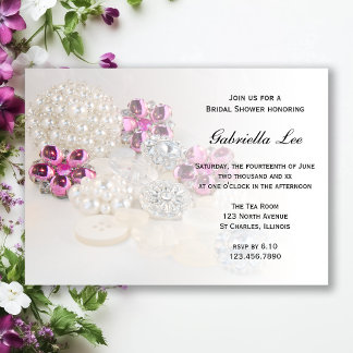 Faux White Pearl Pink Diamond Button Bridal Shower Invitation