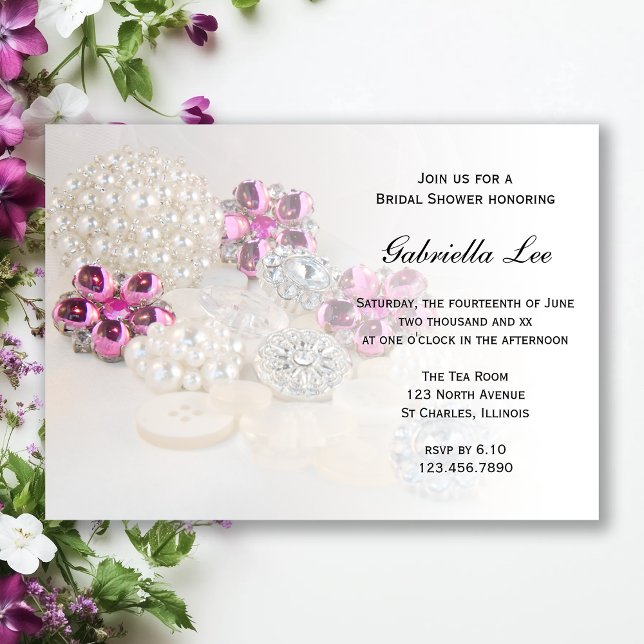 Faux White Pearl Pink Diamond Button Bridal Shower Invitation (Creator Uploaded)