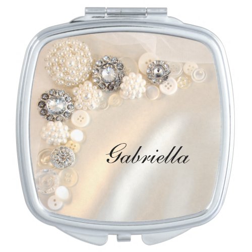 Faux White Pearls and Diamond Button Wedding Compact Mirror
