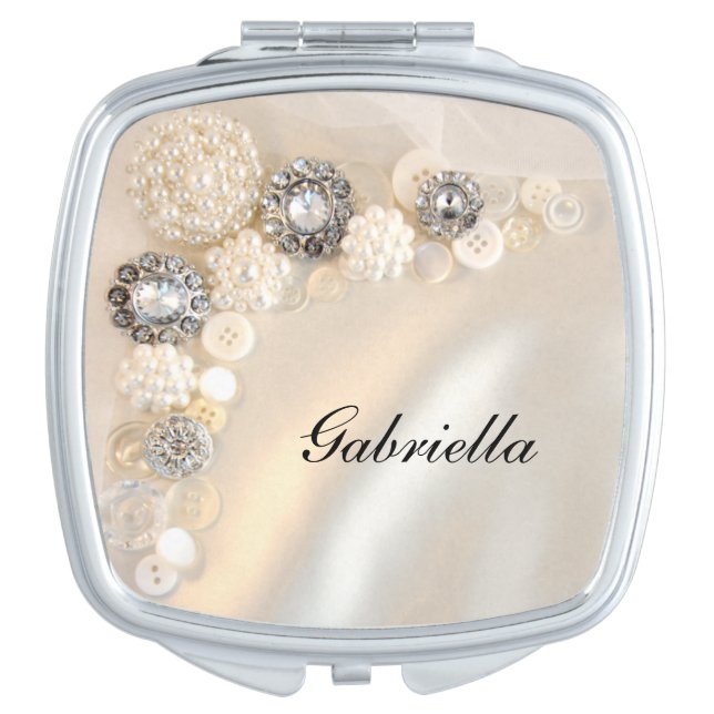 Faux White Pearls and Diamond Button Wedding Compact Mirror (Front)