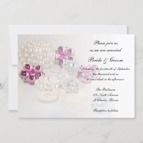 Faux White Pearls and Pink Diamond Buttons Wedding Invitation
