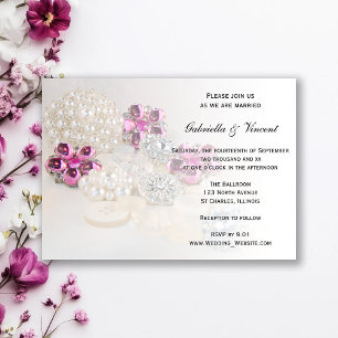 Faux White Pearls and Pink Diamond Buttons Wedding Invitation