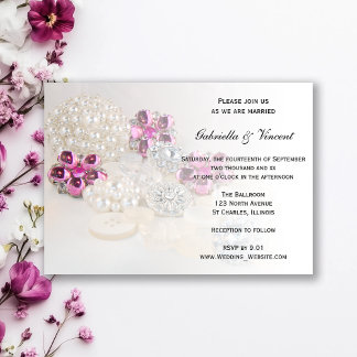 Faux White Pearls and Pink Diamond Buttons Wedding Invitation
