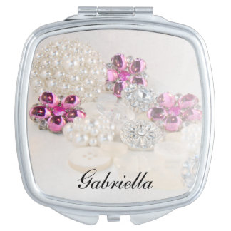 Faux White Pearls and Pink Diamond Buttons Wedding Mirror For Makeup