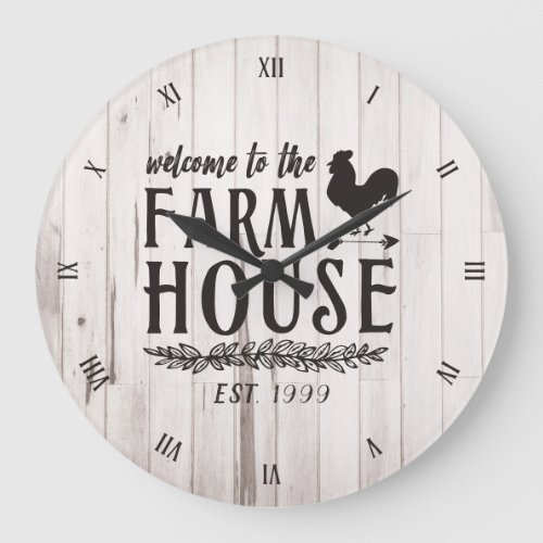 Faux White Wood Welcome to the Farmhouse Rooster Large Clock