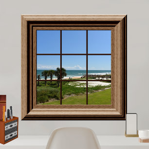 Faux Window Ocean View Palm Trees Beach Tropics Poster