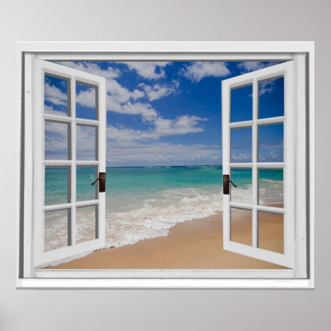  Faux Window Sandy Beach Ocean View Poster (Front)