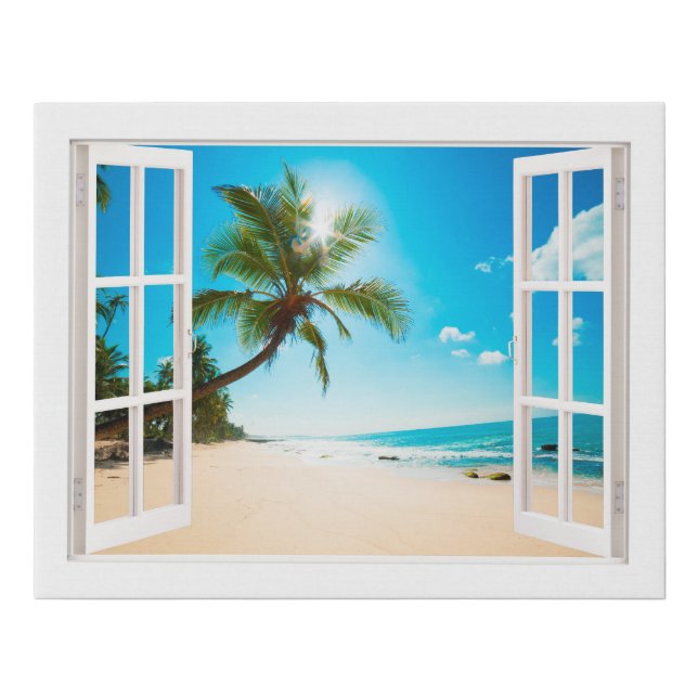 Faux Window Tropical Beach Faux Canvas Print (Front)