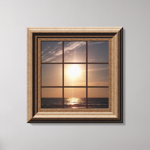 Faux Window View Ocean Sunset Canvas Wall Art