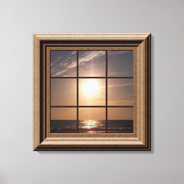 Faux Window View Ocean Sunset Canvas Wall Art (Front)