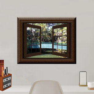 Faux Window View Peaceful River Footbridge Zen Poster