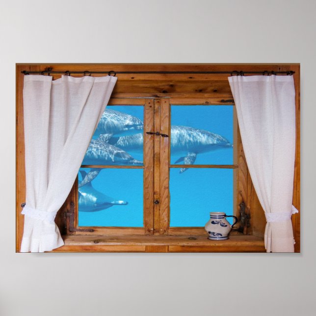 Faux Window View Underwater Dolphins Ocean Fun Poster (Front)