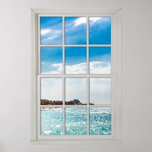 Faux Window White Wood Window Frame Caribbean View Poster