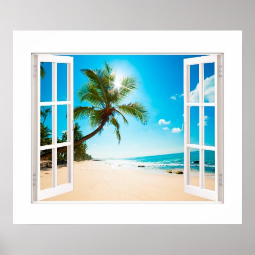 Faux Window with Beach and Ocean Custom Sizes Poster