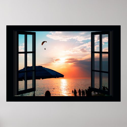 Faux Window with Beach Sunset Ocean Poster