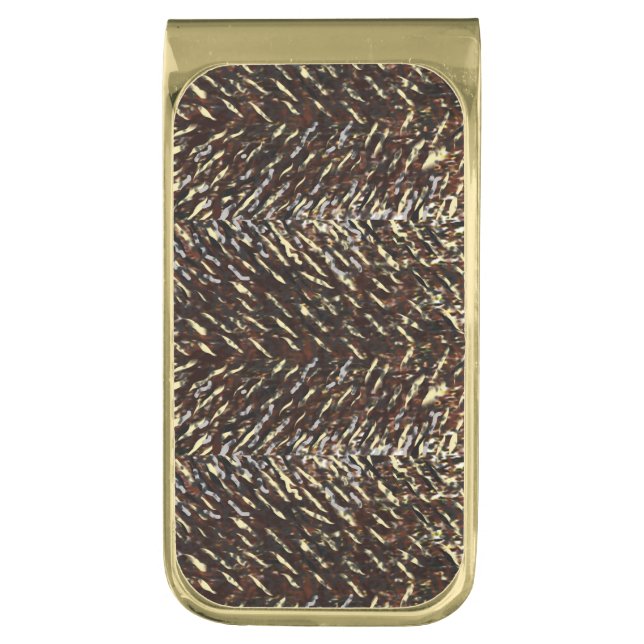 Faux Wolf Hair Print Design Gold Finish Money Clip (Front Vertical)