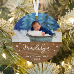 faux wood baby's first christmas ornament