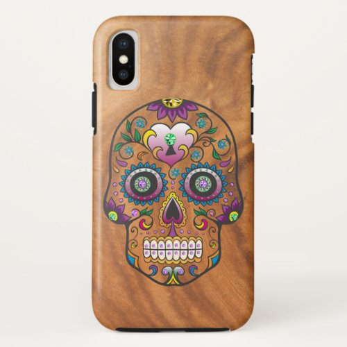 Faux wood background floral skull iPhone XS case
