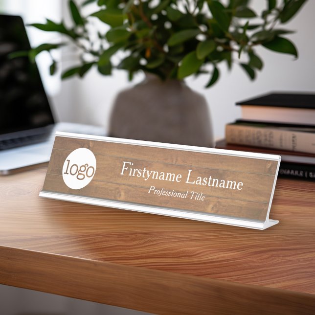 Faux Wood Background Logo Name Professional Title Desk Name Plate (Custom Name Plate - Executive Desk Sign with Name and title or other text)