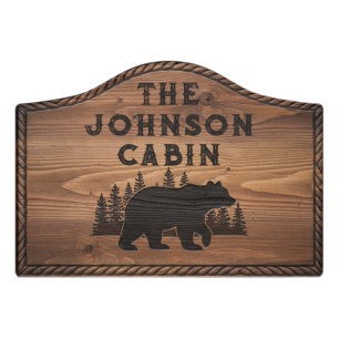 Faux Wood Cabin Bear Forest Tree Personalized Name Door Sign