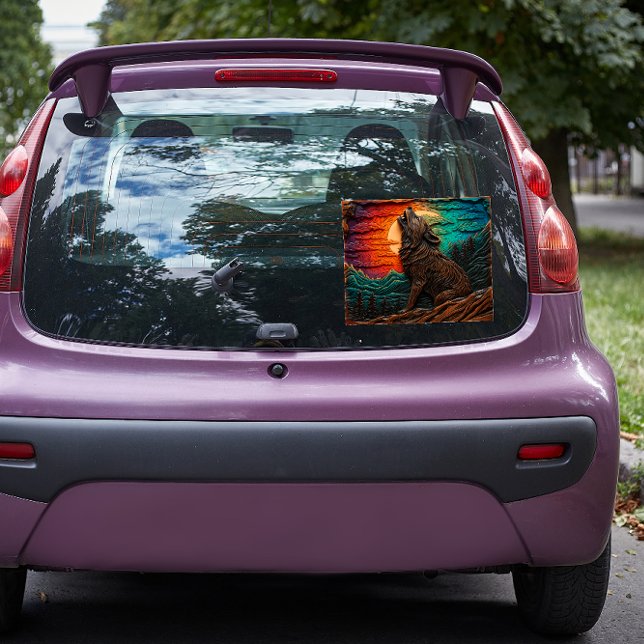 Faux Wood Carving Wolf Howling Mountain Forest Window Cling (Creator Uploaded)