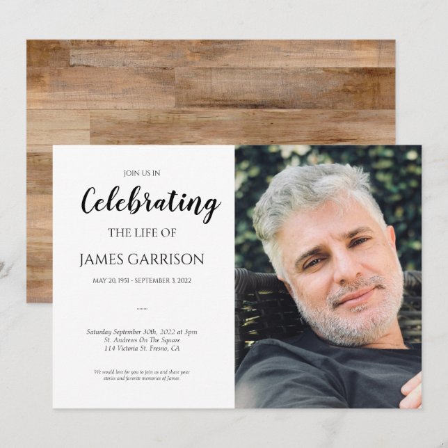 Faux Wood Celebration of Life With Photo Funeral Invitation (Front/Back)