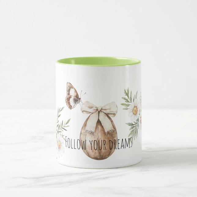 Faux Wood Easter Egg Bow Butterfly Daisy Flowers Mug (Center)