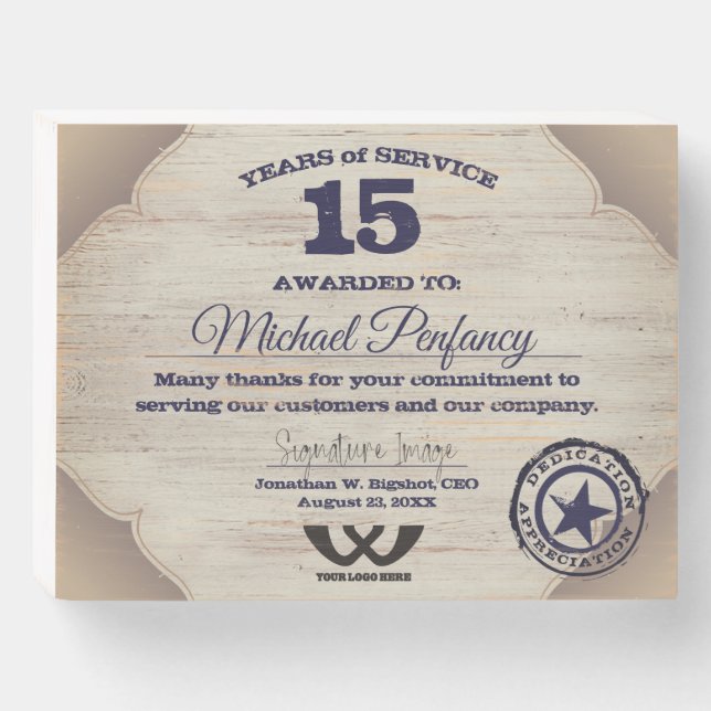 Faux wood employee milestone anniversary award wooden box sign (Front Horizontal)