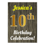 [ Thumbnail: Faux Wood, Faux Gold 10th Birthday Celebration Invitation ]