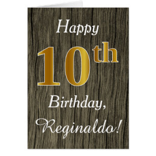 Faux Wood, Faux Gold 10th Birthday + Custom Name Cards