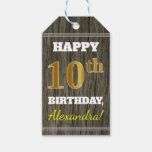 [ Thumbnail: Faux Wood, Faux Gold 10th Birthday + Custom Name Gift Tags ]