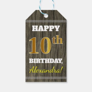 Faux Wood, Faux Gold 10th Birthday + Custom Name Gift Tags