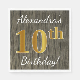 Faux Wood, Faux Gold 10th Birthday + Custom Name Paper Napkins