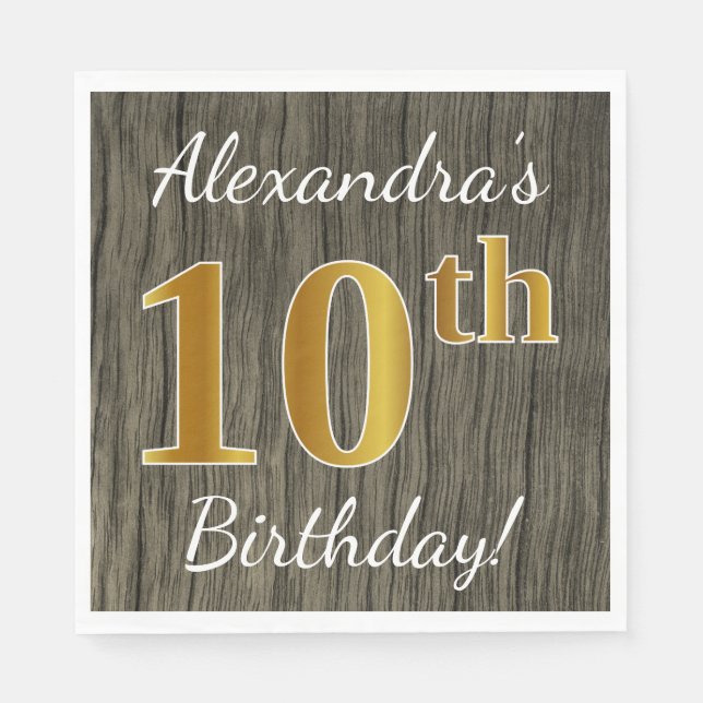 Faux Wood, Faux Gold 10th Birthday + Custom Name Paper Napkins (Front)