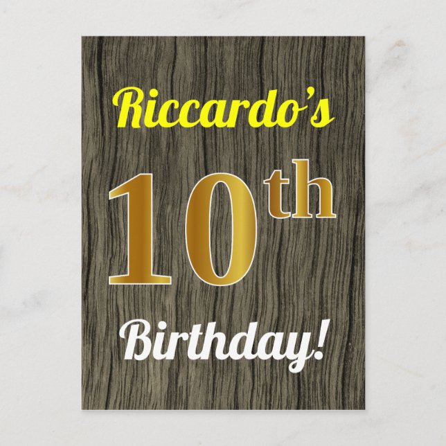 Faux Wood, Faux Gold 10th Birthday & Custom Name Postcard (Front)